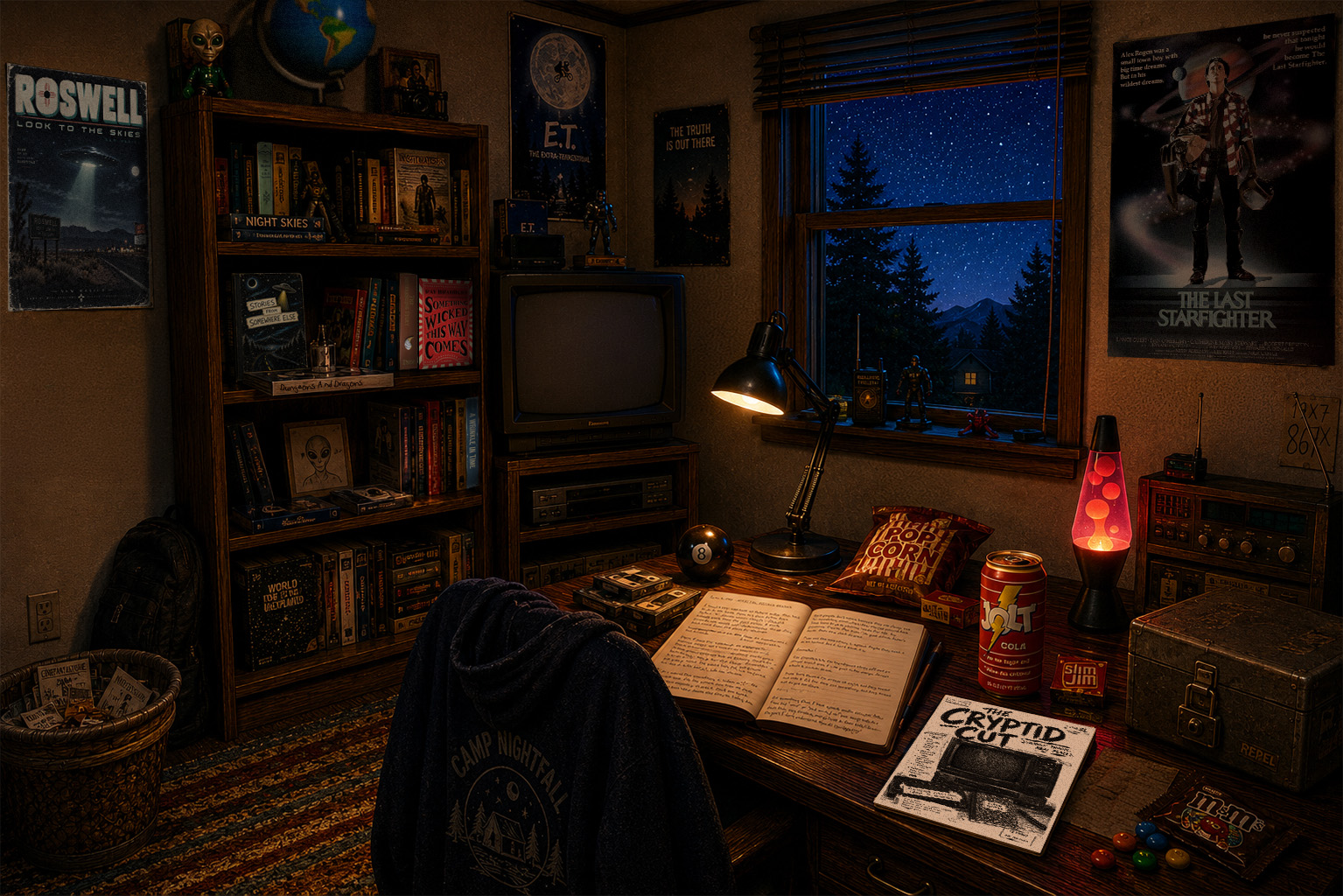 A dark cinematic room with analog objects waiting to be explored.